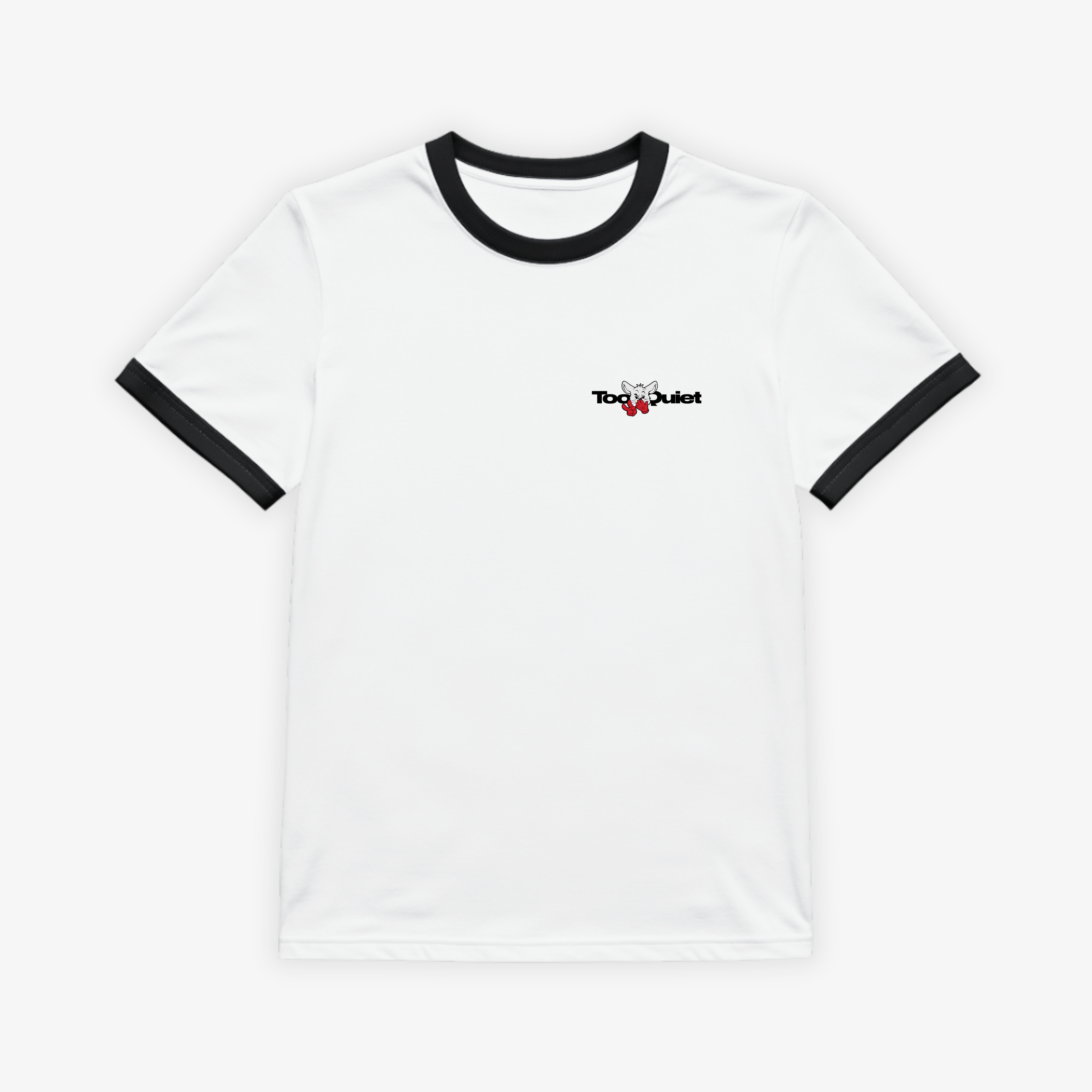 TooQuiet Ringer Tee – Minimal Chest Logo Edition (Black Trim)
